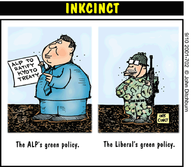 John Ditchburn's cartoon shows Kim Beazley's green policy as the environment, while John Howard's green policy relates to army fatigues.