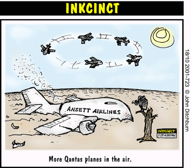 John Ditchburn cartoon showing the QANTAS vultures circling the carcass of a crashed Ansett plane.