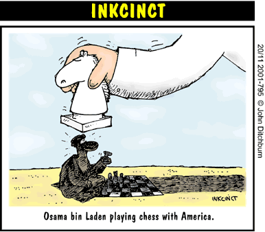 John Ditchburn cartoon showing Osama bin Laden playing chess with the USA, only to be flattened by an oversized knight.