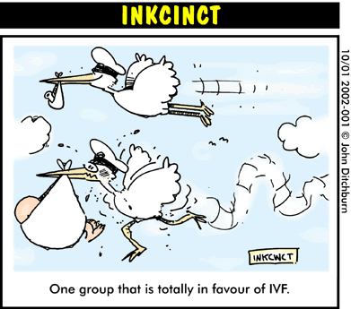 John Ditchburn cartoon showing two storks, one carrying a baby and the other carrying a test tube.