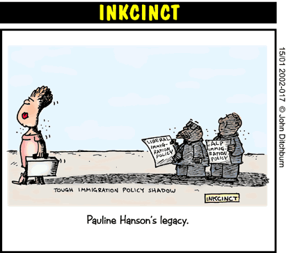 John Ditchburn cartoon showing the shadow of Pauline Hanson's immigration policy falling across both John Howard and Simon Crean.