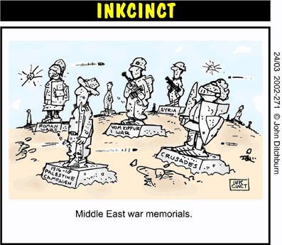 Ditchburn cartoon showing middle East war memorials through history.