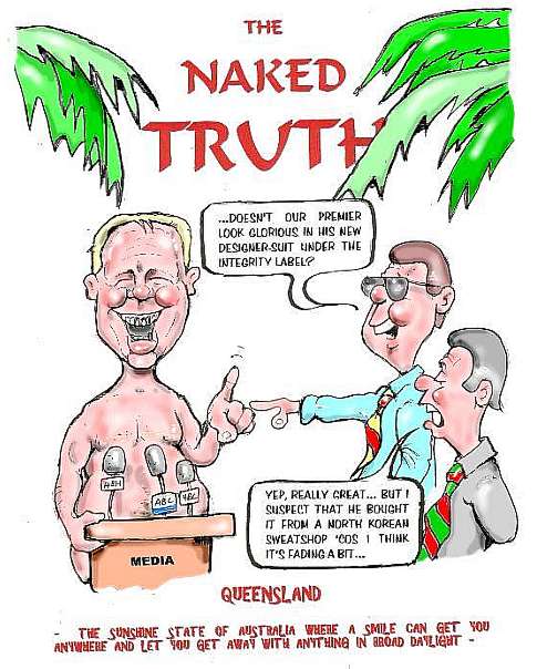 Kevin Lindeberg cartoon shows Peter Beattie giving an address while wearing his suit of Integrity, which means he is naked.