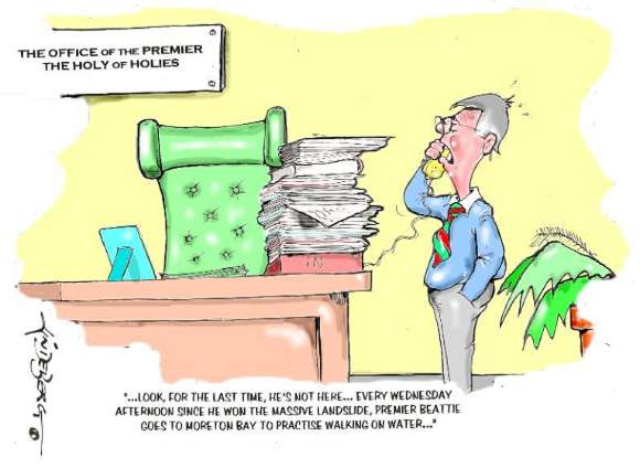 Kevin Lindeberg cartoon showing the Premier's desk unattended while an assistant explains that since the election landslide the Premier has taken to practicing walking on water.