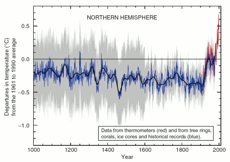 Graph showing average N.H. temperatures from 1000AD